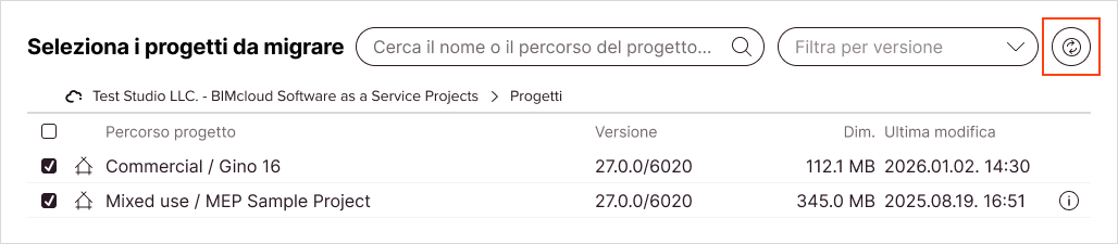 Il pulsante icona Aggiorna accanto al menu a discesa del filtro della versione ricarica l'elenco dei progetti Teamwork e ne rileva nuovamente delle versioni di Archicad.