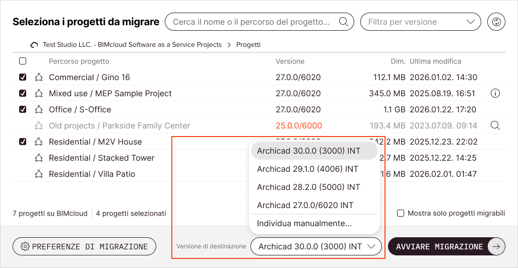 Selettore della versione di destinazione di Archicad aperto