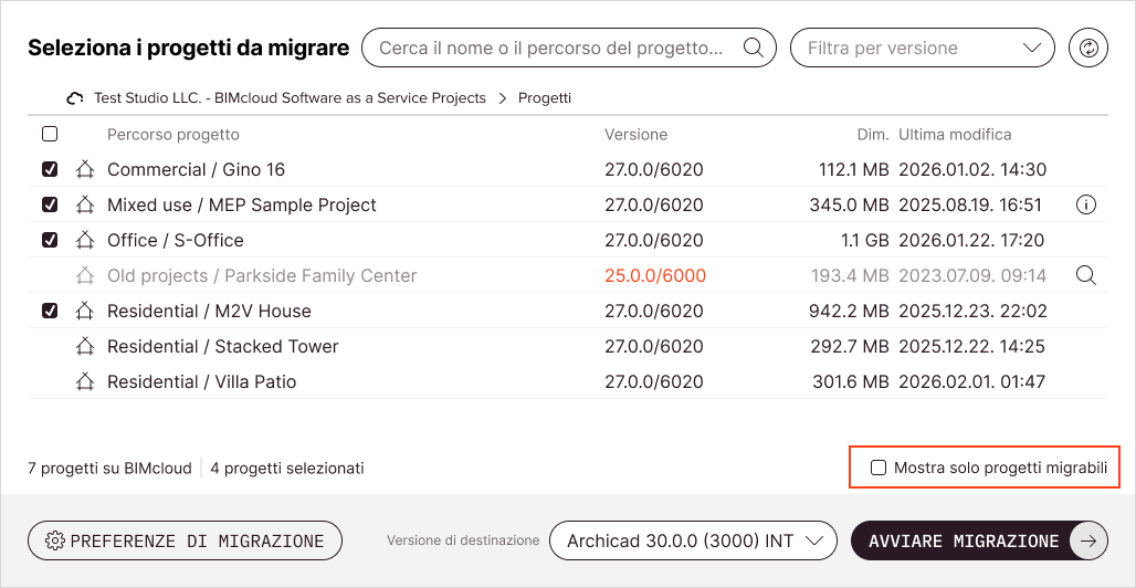 La casella di controllo Mostra solo progetti migrabili presente sotto l'elenco nasconde i progetti che per qualsiasi motivo non sono selezionabili per la migrazione.