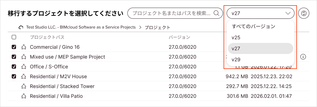特定のメジャーバージョンのみを表示するようにプロジェクトリストがフィルタされます。