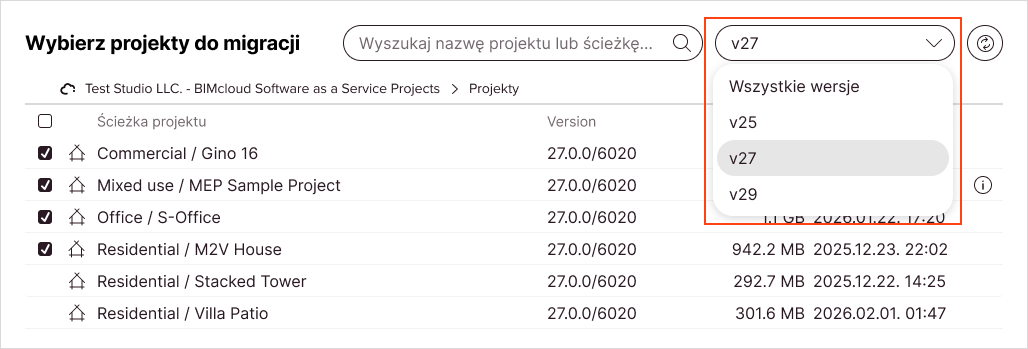 Lista projektów jest filtrowana tak, aby pokazywać tylko określoną wersję główną.