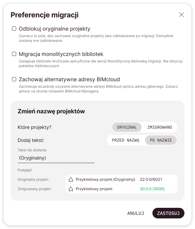 Okno dialogowe Preferencje migracji z ustawieniami domyślnymi. Oryginalny projekt Teamwork zostanie przemianowany po migracji.