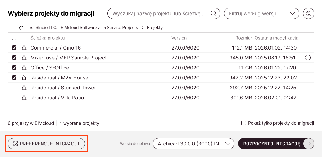 Przycisk Preferencje migracji pod listą projektów Teamwork