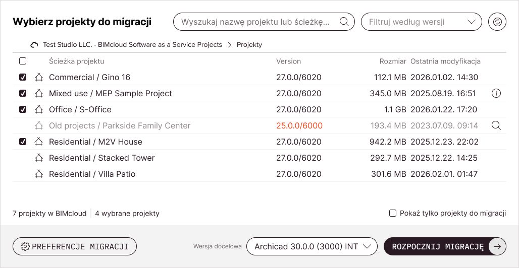 Główny ekran narzędzia z kilkoma projektami Teamwork już wybranymi do migracji