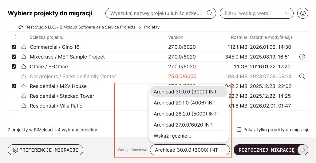 Otwarto selektor docelowej wersji Archicada