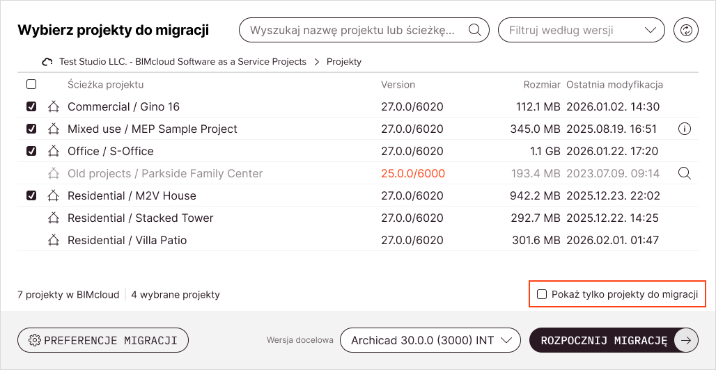 Pole wyboru Pokaż tylko projekty z możliwością migracji pod listą spowoduje ukrycie projektów, których z jakiegokolwiek powodu nie można wybrać do migracji.