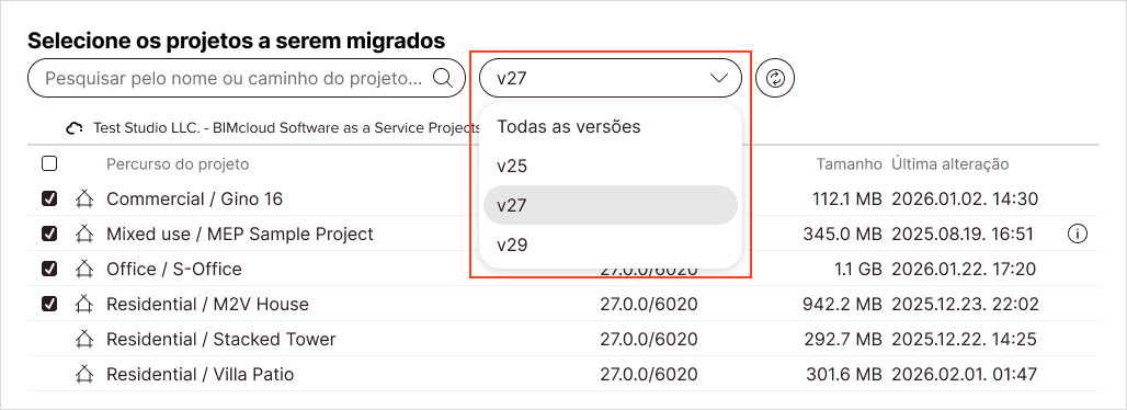 A lista de projetos é filtrada para mostrar apenas uma versão principal específica.