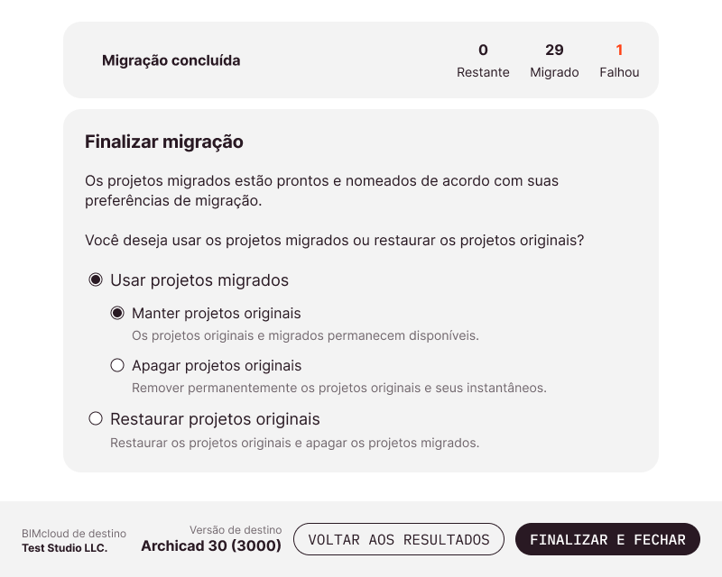Opções de finalização após a conclusão da migração