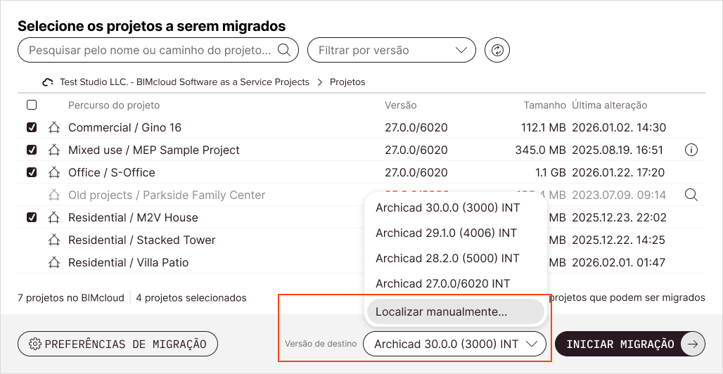 No menu suspenso de versão de Destino, selecione a opção Localizar manualmente.
