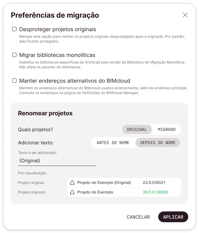 Caixa de diálogo Preferências de Migração com as definições padrão. O projeto Teamwork original será renomeado após a migração.