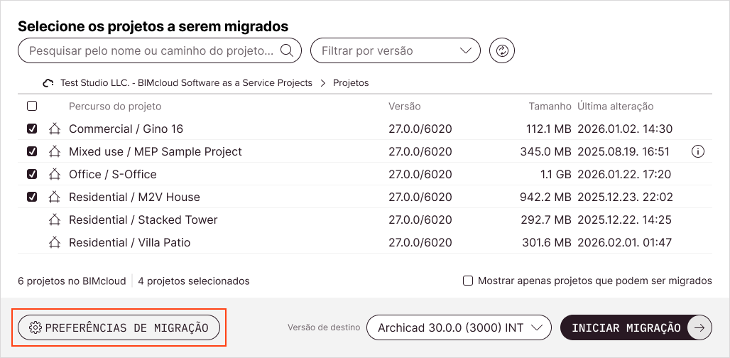 Botão Preferências de migração abaixo da lista de projetos Teamwork