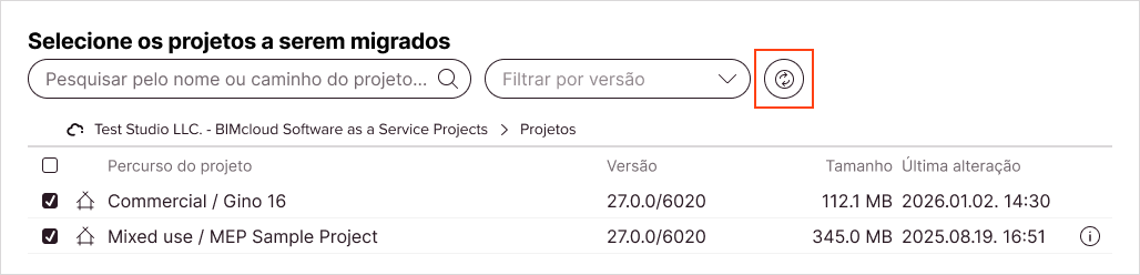 O botão de ícone Atualizar ao lado do menu suspenso de filtro de versão atualiza a lista de projetos Teamwork e detecta novamente as versões do Archicad.