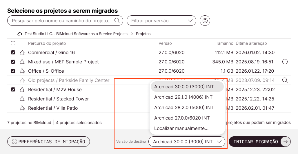 Seletor de versão do Archicad de destino aberto