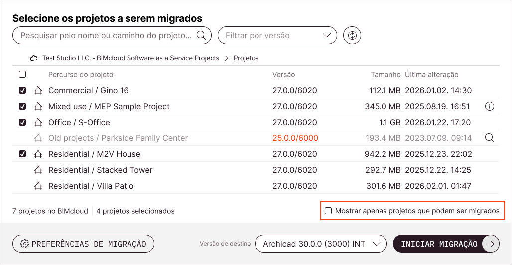 A caixa de seleção Mostrar apenas projetos que podem ser migrados abaixo da lista esconderá os projetos que não podem ser selecionados para migração por qualquer motivo.