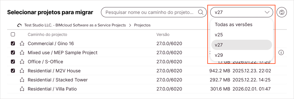 A lista de projectos é filtrada para mostrar apenas uma versão principal específica.
