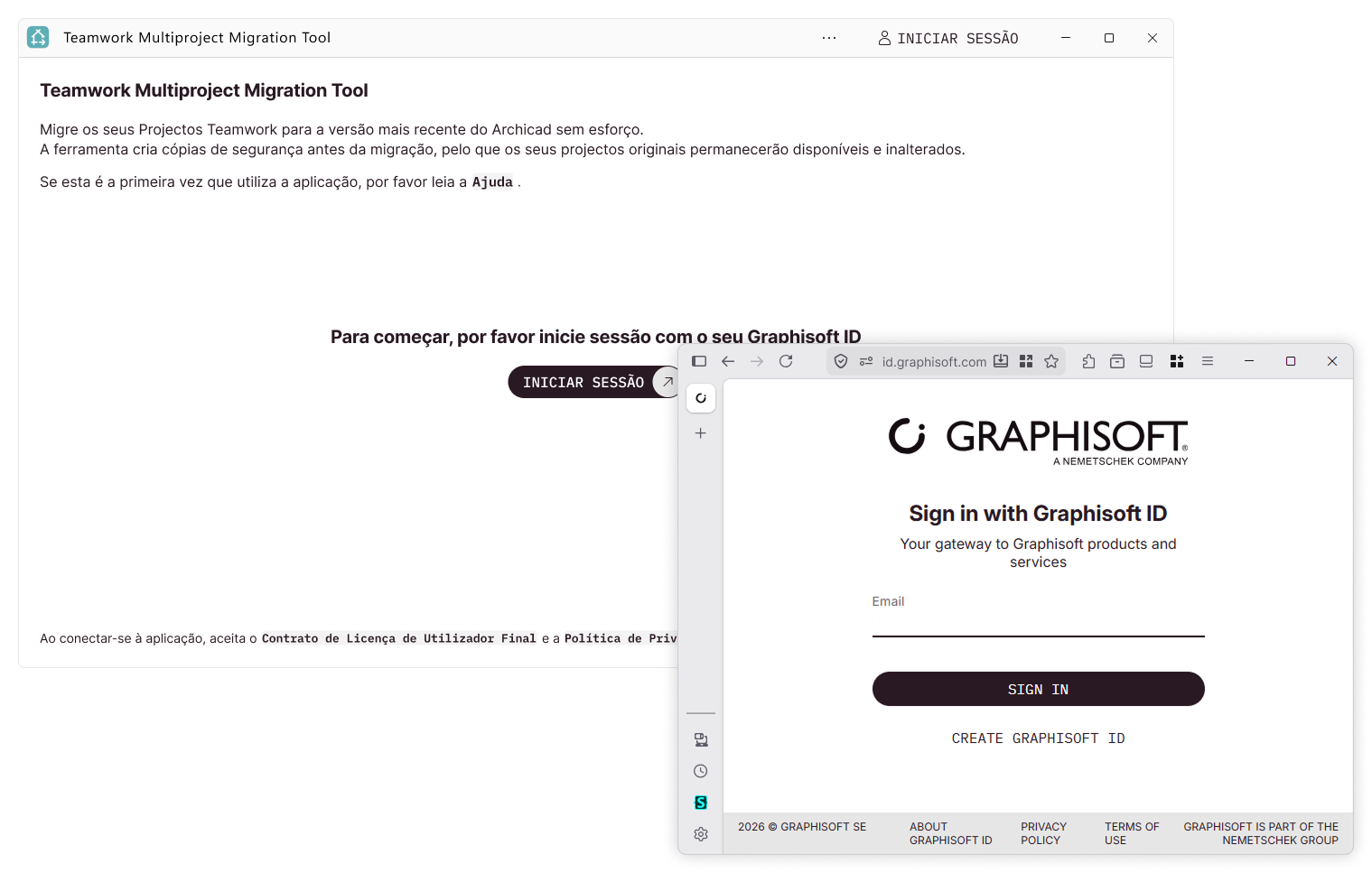 Início de sessão no Graphisoft ID