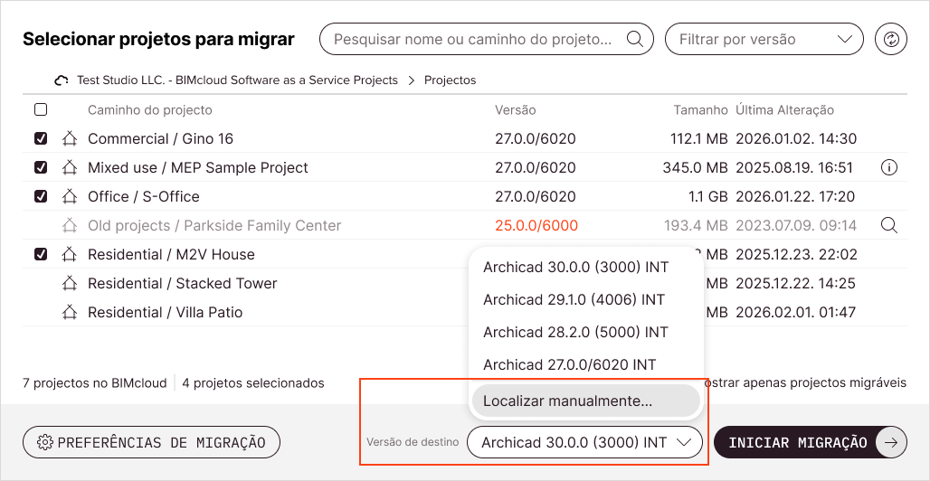 No menu pendente Versão de destino, seleccione a opção Localizar manualmente.