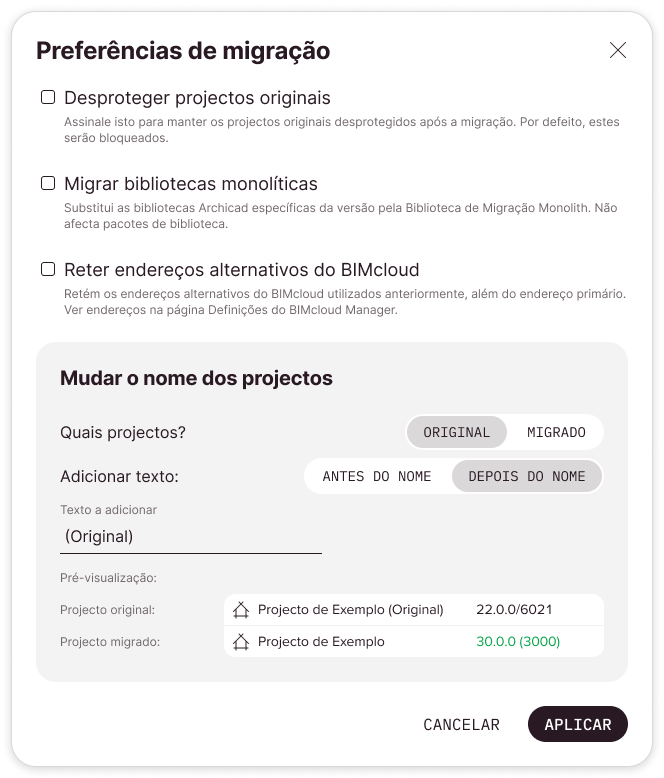 Caixa de diálogo Preferências de migração com as definições por defeito. O projecto Teamwork original será renomeado após a migração.