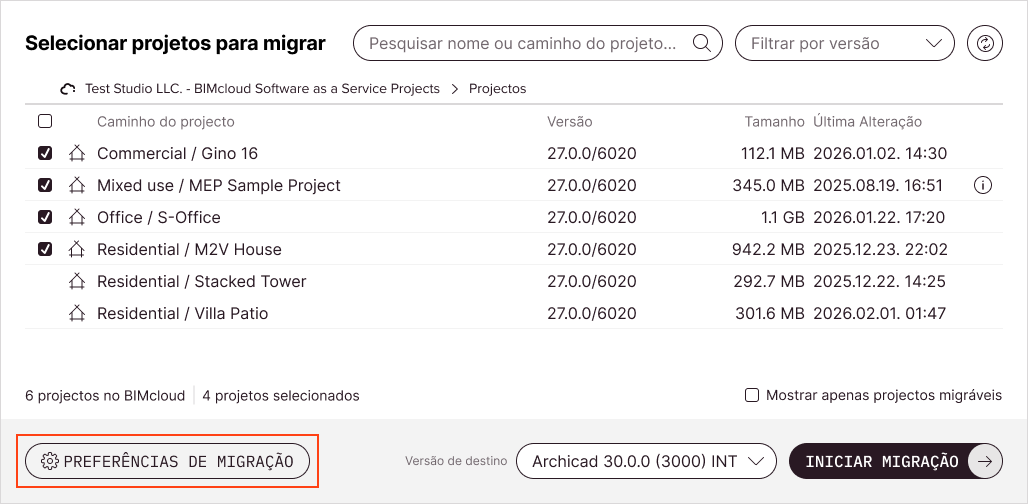 Botão Preferências de migração por baixo da lista de projectos Teamwork