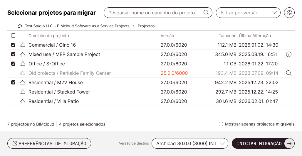 O ecrã principal da ferramenta com alguns projectos Teamwork já seleccionados para migração