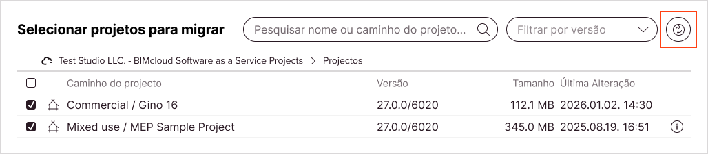 O botão de atualização junto ao menu suspenso do filtro de versão atualizou a lista de projetos do Teamwork e detetou novamente as versões do Archicad.